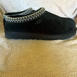UGG Black Suede Slip-Ons with Patterned Trim